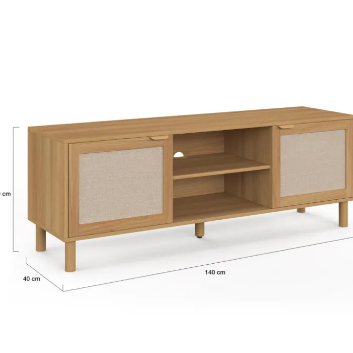 Meuble TV 140 cm 2 portes bois et effet lin