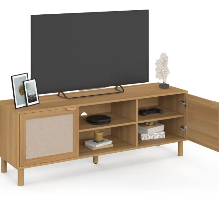 Meuble TV 140 cm 2 portes bois et effet lin