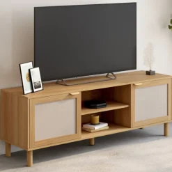 Meuble TV 140 cm 2 portes bois et effet lin