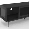 Meuble TV 140 cm 2 portes coulissantes vitrées façade cannelée noir