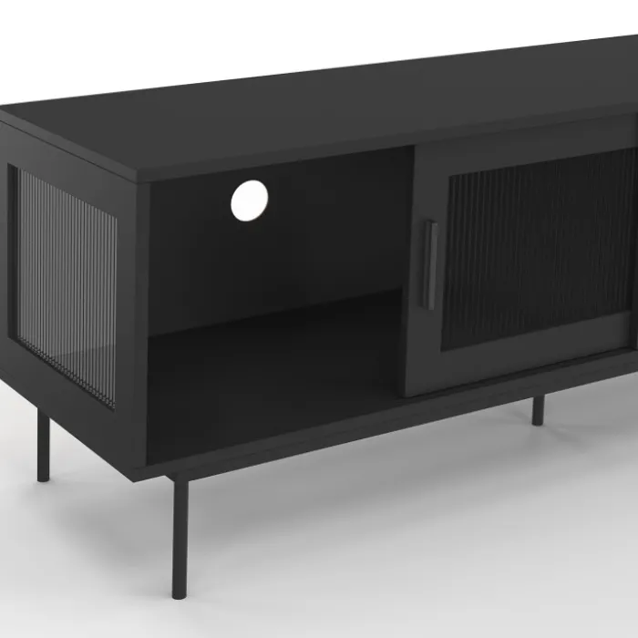 Meuble TV 140 cm 2 portes coulissantes vitrées façade cannelée noir