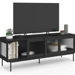 Meuble TV 140 cm 2 portes coulissantes vitrées façade cannelée noir