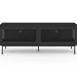 Meuble TV 140 cm 2 portes coulissantes vitrées façade cannelée noir