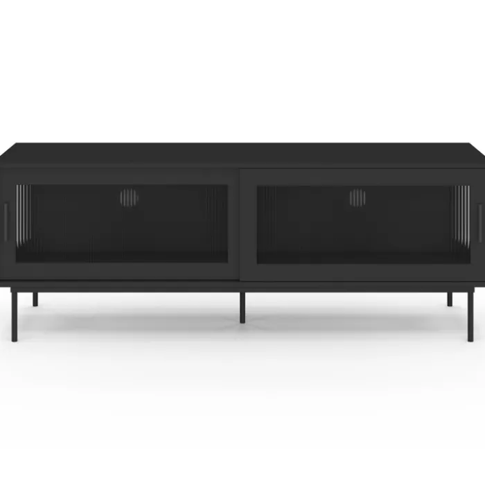 Meuble TV 140 cm 2 portes coulissantes vitrées façade cannelée noir