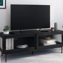 Meuble TV 140 cm 2 portes coulissantes vitrées façade cannelée noir