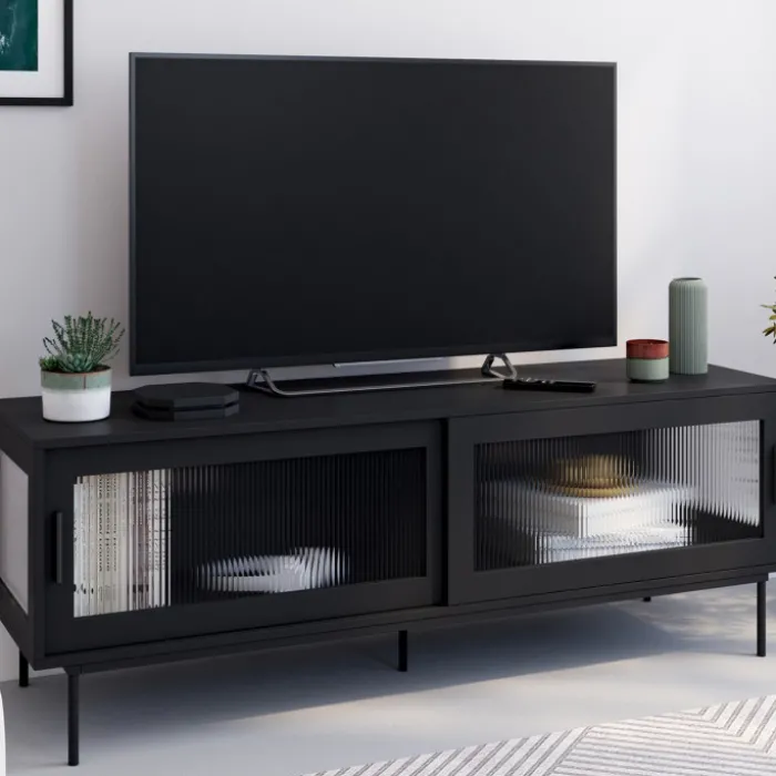 Meuble TV 140 cm 2 portes coulissantes vitrées façade cannelée noir