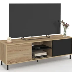 Meuble TV 140 cm 2 portes coulissantes réversibles effet bois et noir montage sans outils