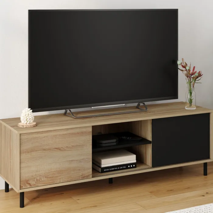 Meuble TV 140 cm 2 portes coulissantes réversibles effet bois et noir montage sans outils