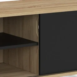 Meuble TV 140 cm 2 portes coulissantes réversibles effet bois et noir montage sans outils