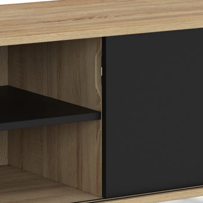 Meuble TV 140 cm 2 portes coulissantes réversibles effet bois et noir montage sans outils
