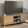 Meuble TV 140 cm 2 portes coulissantes réversibles effet bois et blanc montage sans outils