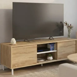 Meuble TV 140 cm 2 portes coulissantes réversibles effet bois et blanc montage sans outils