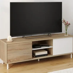 Meuble TV 140 cm 2 portes coulissantes réversibles effet bois et blanc montage sans outils