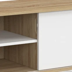 Meuble TV 140 cm 2 portes coulissantes réversibles effet bois et blanc montage sans outils