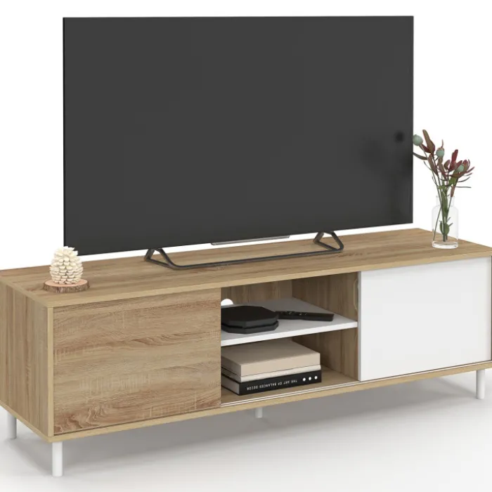 Meuble TV 140 cm 2 portes coulissantes réversibles effet bois et blanc montage sans outils