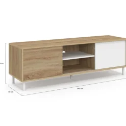 Meuble TV 140 cm 2 portes coulissantes réversibles effet bois et blanc montage sans outils