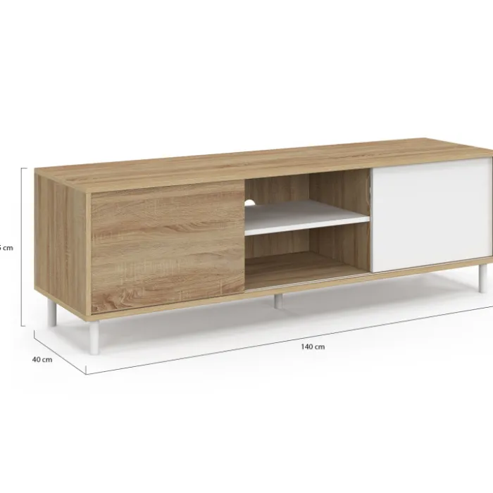 Meuble TV 140 cm 2 portes coulissantes réversibles effet bois et blanc montage sans outils