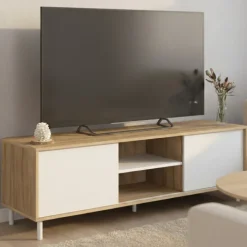 Meuble TV 140 cm 2 portes coulissantes réversibles effet bois et blanc montage sans outils