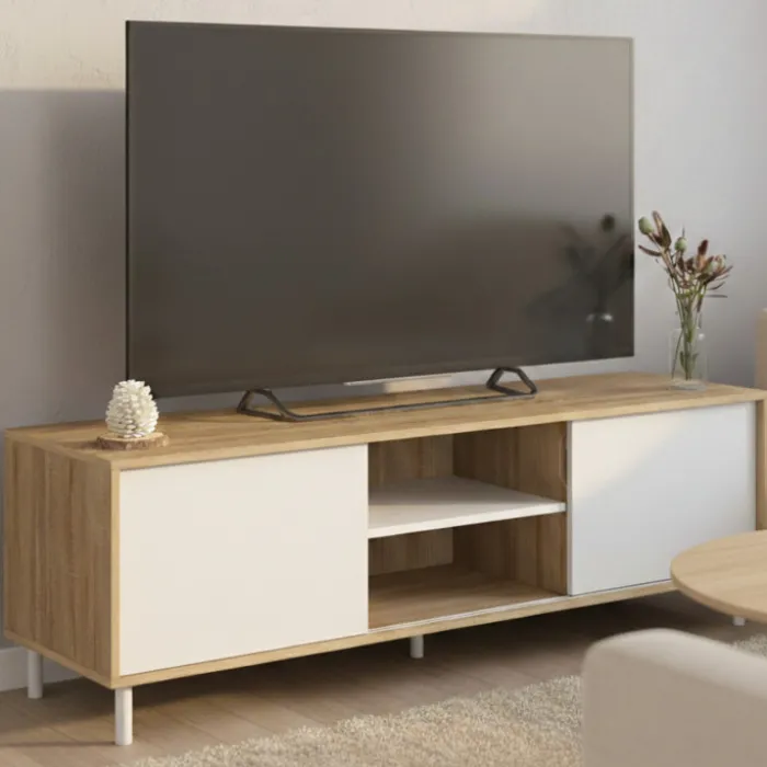 Meuble TV 140 cm 2 portes coulissantes réversibles effet bois et blanc montage sans outils