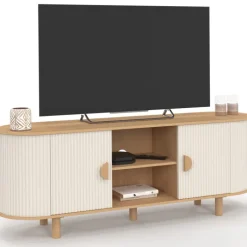 Meuble TV 140 cm 2 portes effet cannelé beige et bois