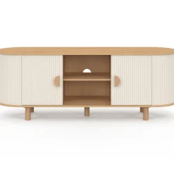 Meuble TV 140 cm 2 portes effet cannelé beige et bois