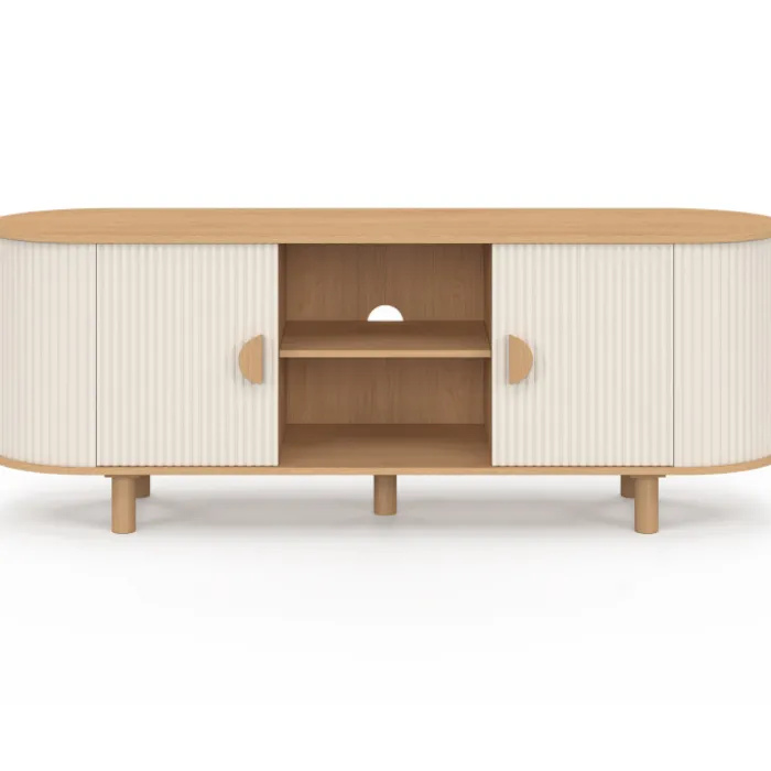 Meuble TV 140 cm 2 portes effet cannelé beige et bois
