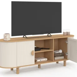 Meuble TV 140 cm 2 portes effet cannelé beige et bois