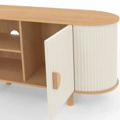 Meuble TV 140 cm 2 portes effet cannelé beige et bois