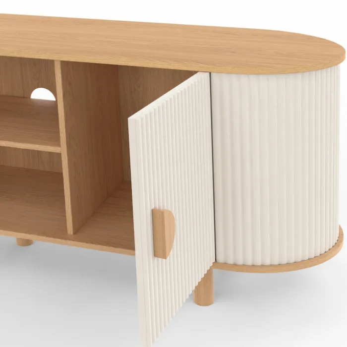 Meuble TV 140 cm 2 portes effet cannelé beige et bois
