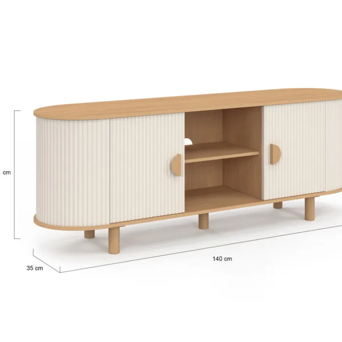 Meuble TV 140 cm 2 portes effet cannelé beige et bois