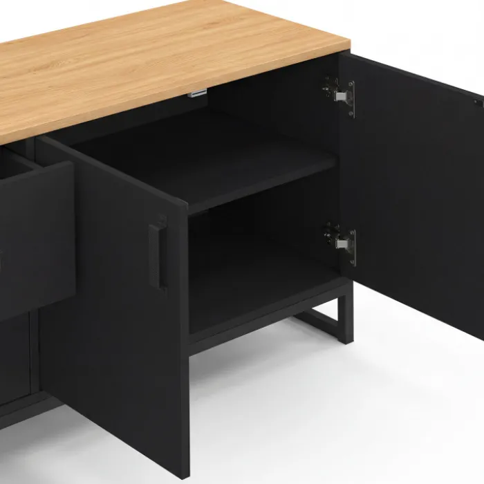 Meuble TV 180 cm 4 portes et 2 tiroirs bois et noir