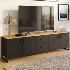 Meuble TV 180 cm 4 portes et 2 tiroirs bois et noir