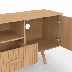 Meuble TV 180 cm 2 portes et 2 tiroirs lattes tasseau bois coloris chêne