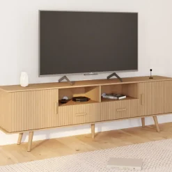 Meuble TV 180 cm 2 portes et 2 tiroirs lattes tasseau bois coloris chêne