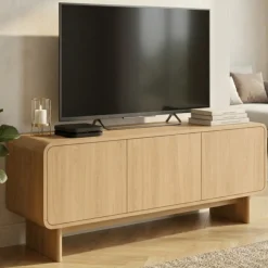 Meuble TV 140 cm 3 portes façon hêtre design arrondi