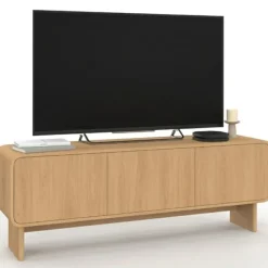 Meuble TV 140 cm 3 portes façon hêtre design arrondi