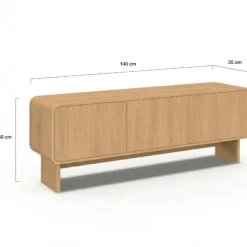 Meuble TV 140 cm 3 portes façon hêtre design arrondi