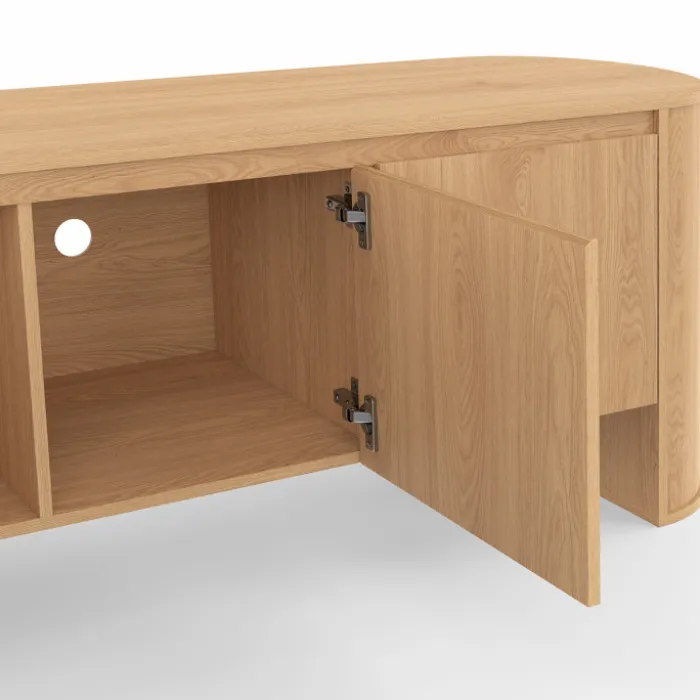 Meuble TV 140 cm 3 portes façon hêtre design arrondi