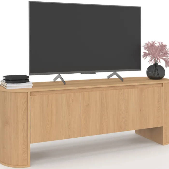 Meuble TV 140 cm 3 portes façon hêtre design arrondi