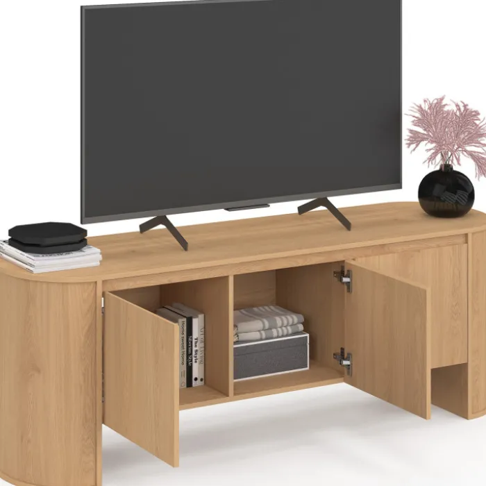 Meuble TV 140 cm 3 portes façon hêtre design arrondi