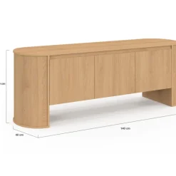 Meuble TV 140 cm 3 portes façon hêtre design arrondi
