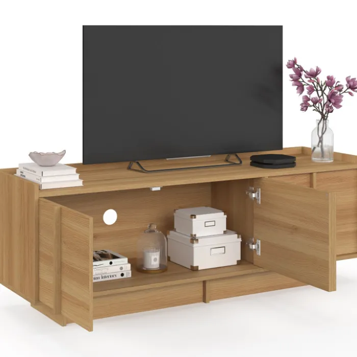 Meuble TV 140 cm 3 portes façon hêtre design minimaliste
