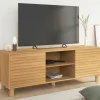 Meuble TV 140 cm 2 portes lattes tasseau bois coloris chêne