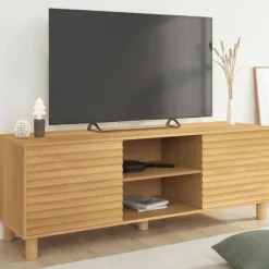 Meuble TV 140 cm 2 portes lattes tasseau bois coloris chêne
