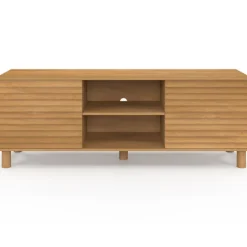 Meuble TV 140 cm 2 portes lattes tasseau bois coloris chêne