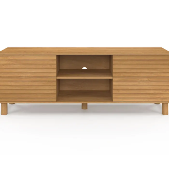 Meuble TV 140 cm 2 portes lattes tasseau bois coloris chêne