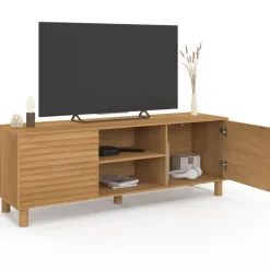 Meuble TV 140 cm 2 portes lattes tasseau bois coloris chêne