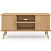 Meuble TV 110 cm avec 2 portes effet lattes tasseau bois