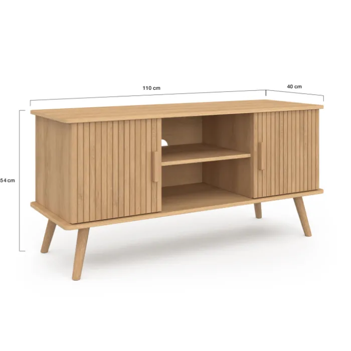 Meuble TV 110 cm avec 2 portes effet lattes tasseau bois