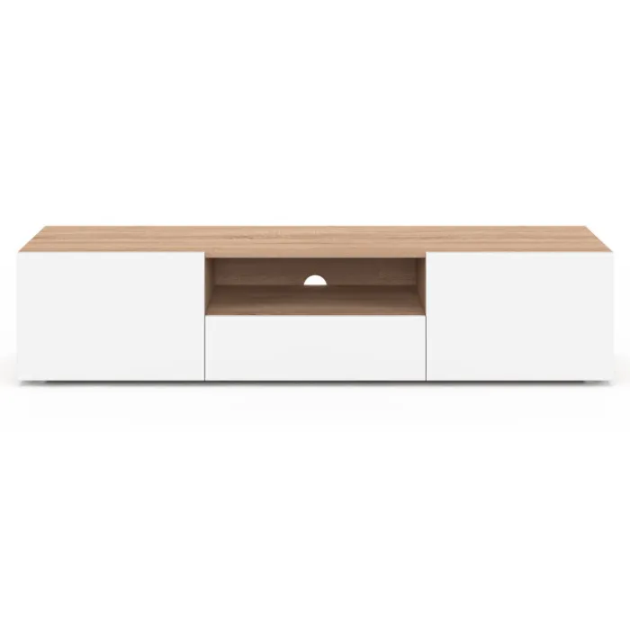Meuble TV 140 cm bois façon hêtre portes blanches
